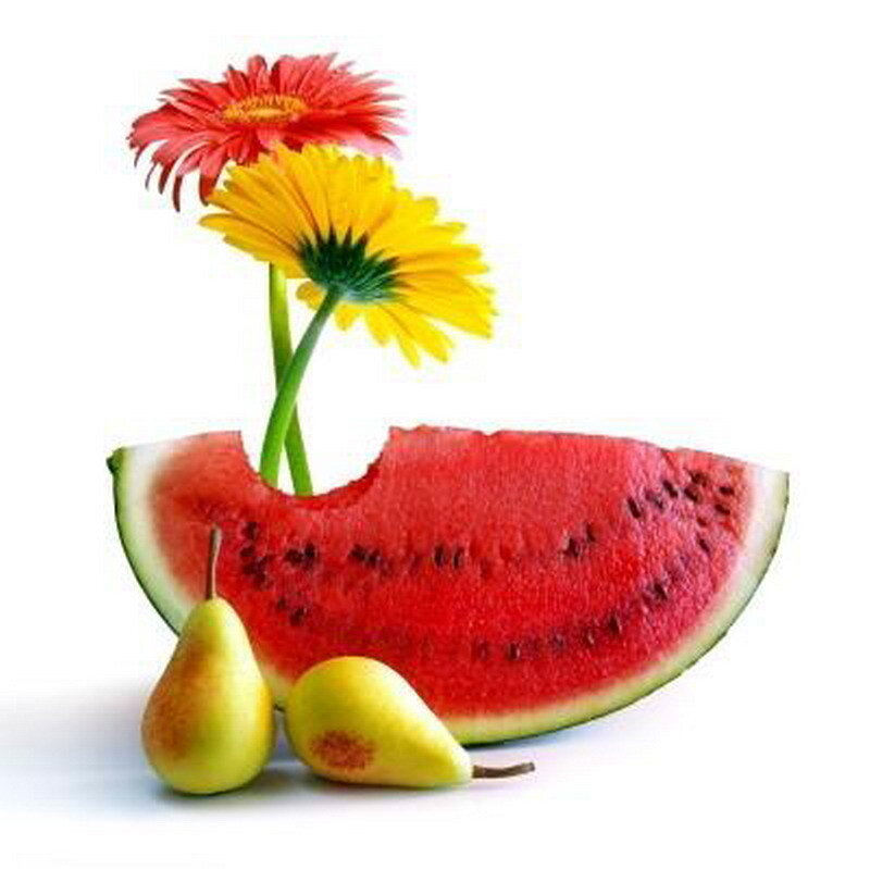 Watermelon slice with pears and flowers