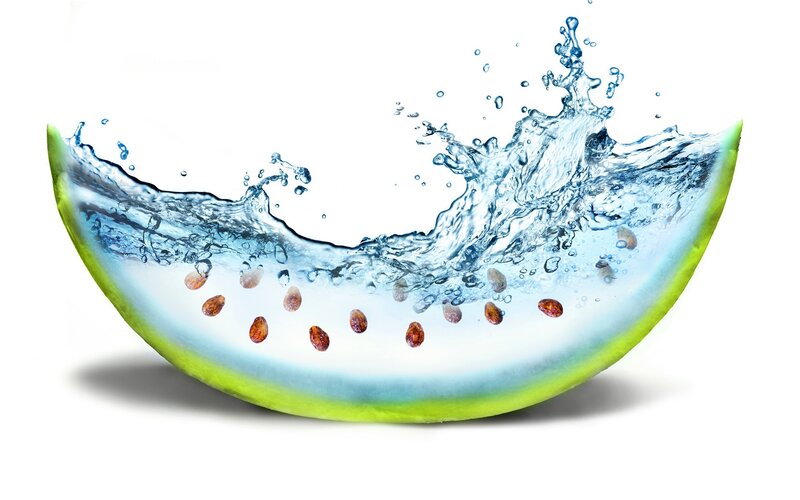 Watermelon Slice with Water — Green, Dynamic, Photograph, Seeds, Blue