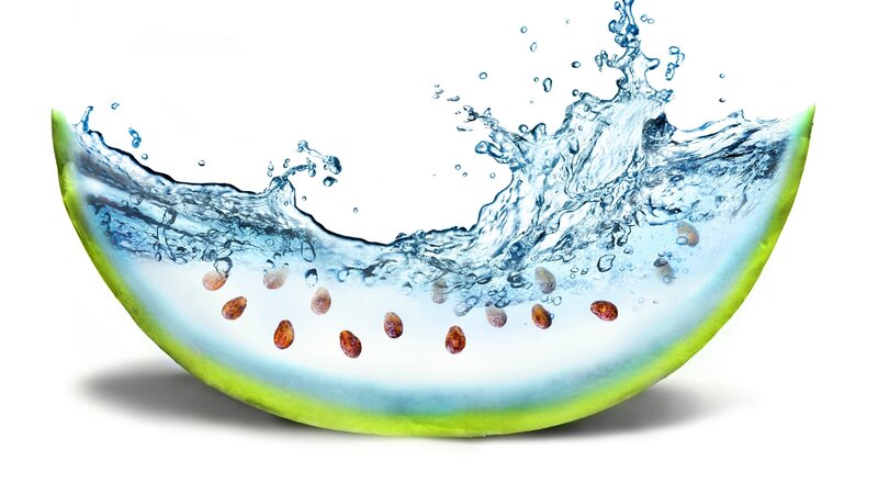 Watermelon Slice with Water — Green, Dynamic, Photograph, Seeds, Splash, Blue