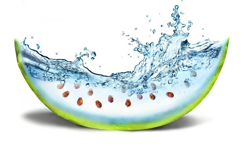 Watermelon Slice with Water — Green, Dynamic, Photograph, Seeds, Splash