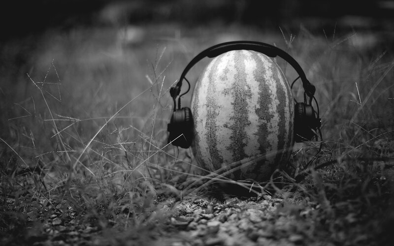 Watermelon with Headphones — Black, Whimsical