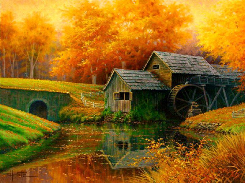 Watermill in Autumn — Orange, Serene