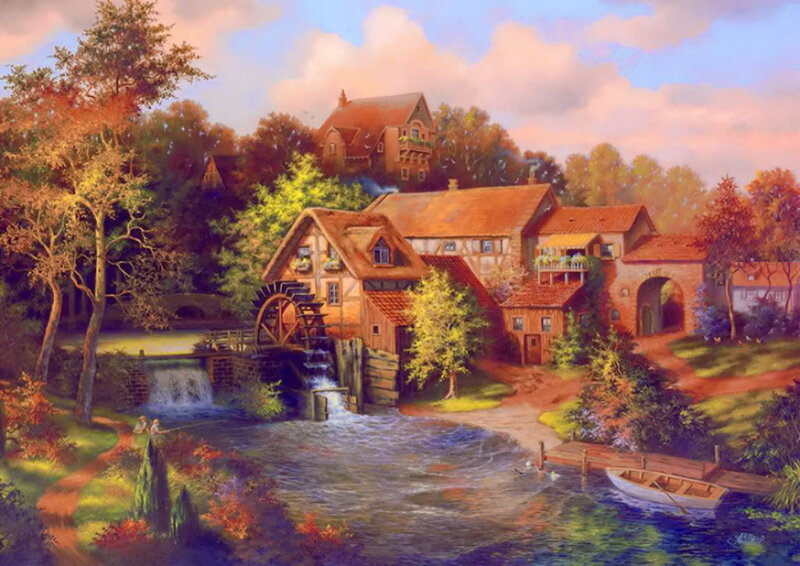 Watermill Village Scene