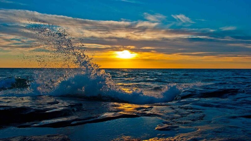 Wave Crashing at Sunset — Blue, Dramatic