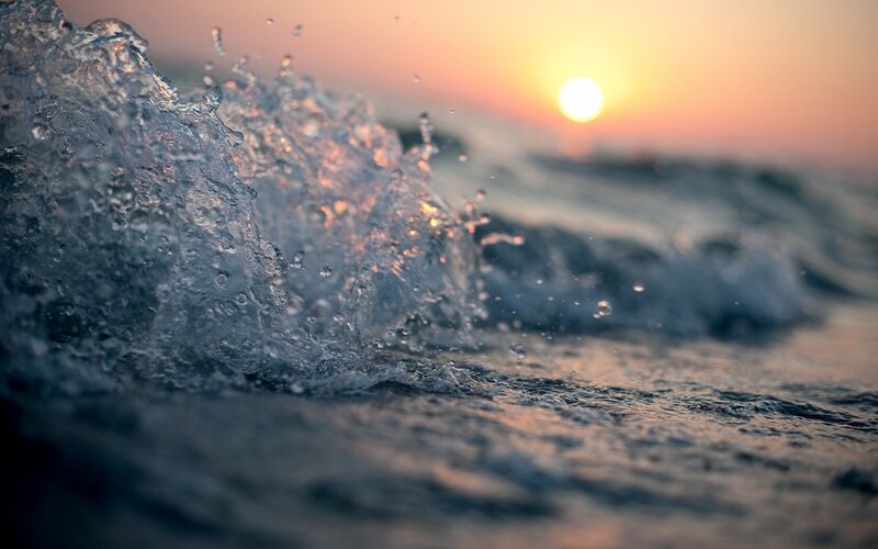 Wave Crashing at Sunset — Blue, Serene, Photograph