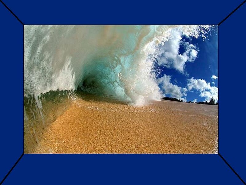Wave Crashing on Beach — Blue, Dramatic, Afternoon, Photograph, Sand, Sky, Clouds, Brown