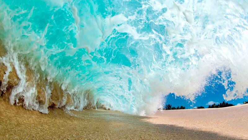 Wave Crashing on Beach — Blue, Dramatic, Afternoon, Photograph, Sand, Sky