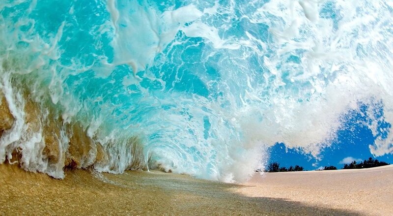 Wave Crashing on Beach — Blue, Dramatic, Afternoon, Photograph, Sand, Sky, Trees