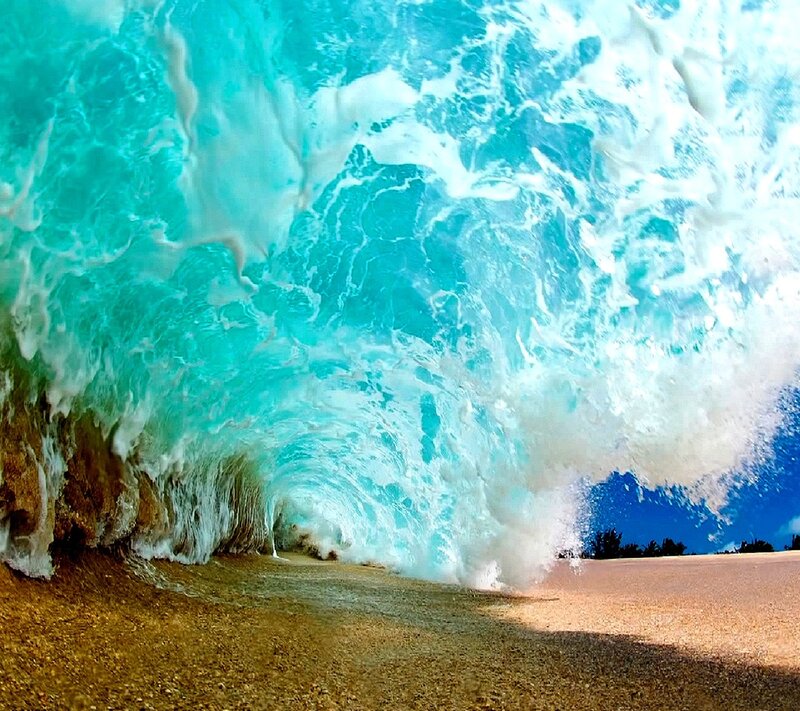 Wave Crashing on Beach — Blue, Dramatic, Afternoon, Photograph, Sand