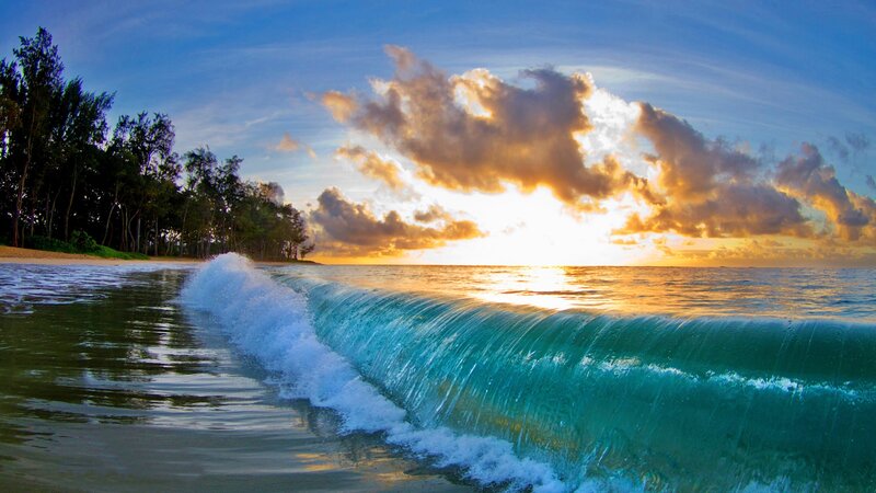 Wave Crashing on Beach — Blue, Dramatic, Sunset