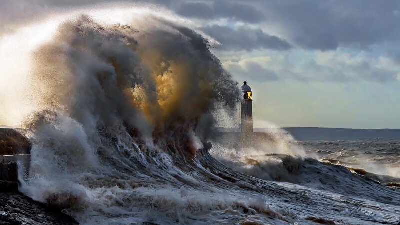 Wave Crashing on Lighthouse — Gray, Dramatic, Afternoon