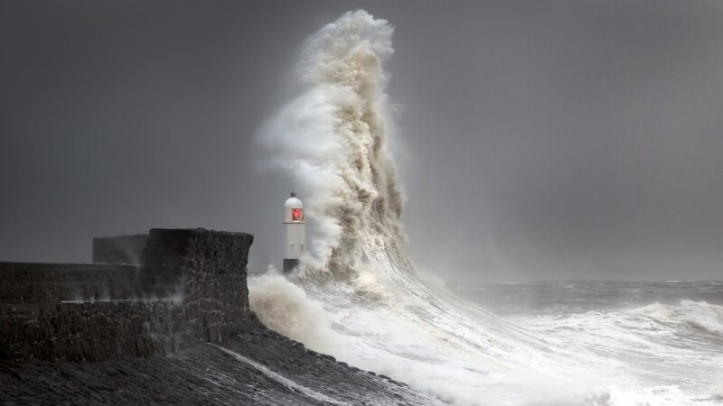 Wave Crashing on Lighthouse — Gray, Dramatic, Photograph, Sea Wall, Ocean