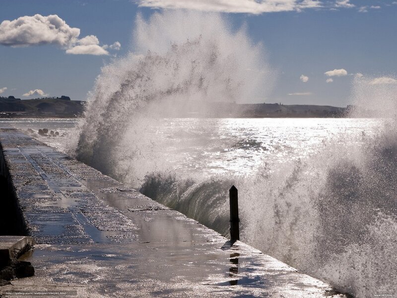 Wave Crashing on Pier — Blue, Dramatic, Afternoon, Photograph, Ocean, Sky