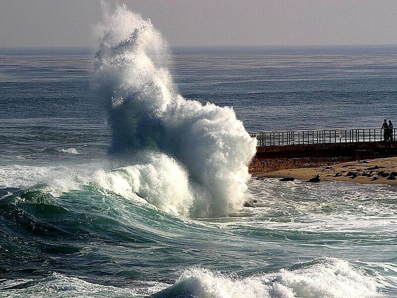 Wave Crashing on Pier — Blue, Dramatic, Afternoon, Photograph, Ocean
