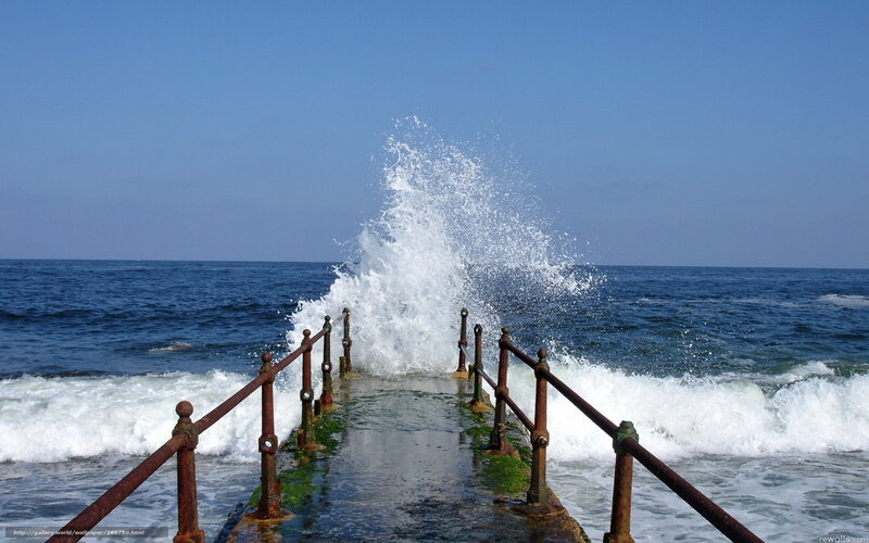 Wave Crashing on Pier — Blue, Dramatic, Afternoon, Photograph, Railing
