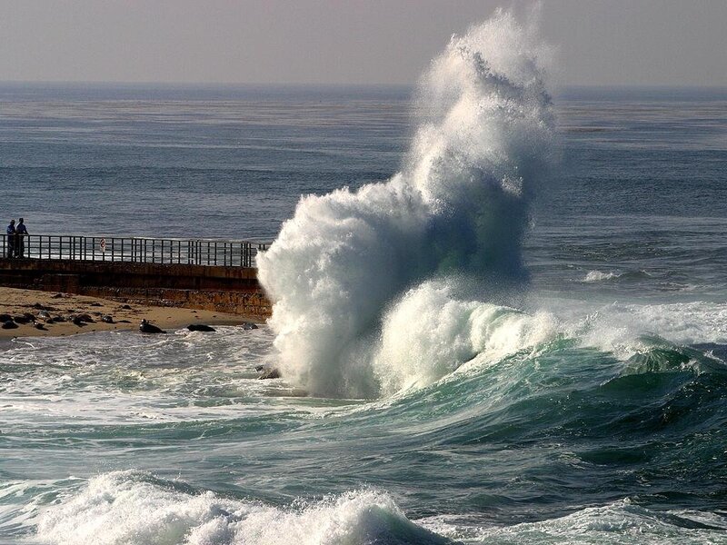 Wave Crashing on Pier — Blue, Dramatic, Afternoon, Photograph