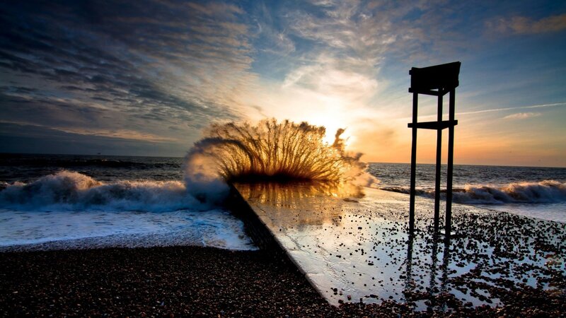 Wave Crashing on Pier — Blue, Dramatic