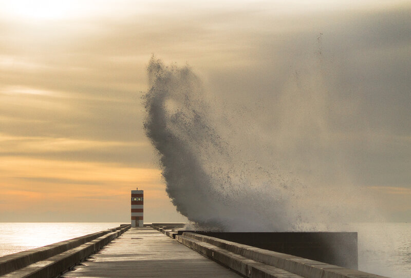 Wave Crashing on Pier — Gray, Dramatic, Sunset