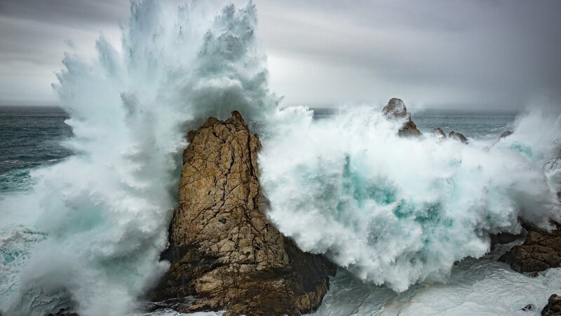 Wave Crashing on Rock — Blue, Dramatic, Photograph