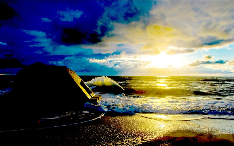 Wave Crashing on Rock — Blue, Dramatic, Sunset