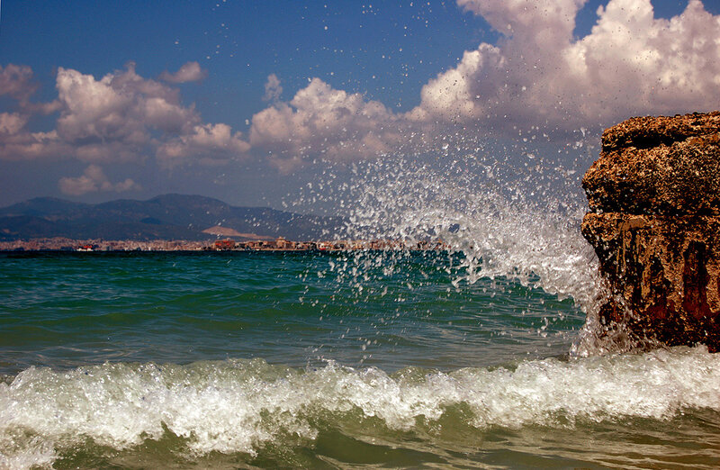 Wave Crashing on Rock — Blue, Dynamic, Afternoon