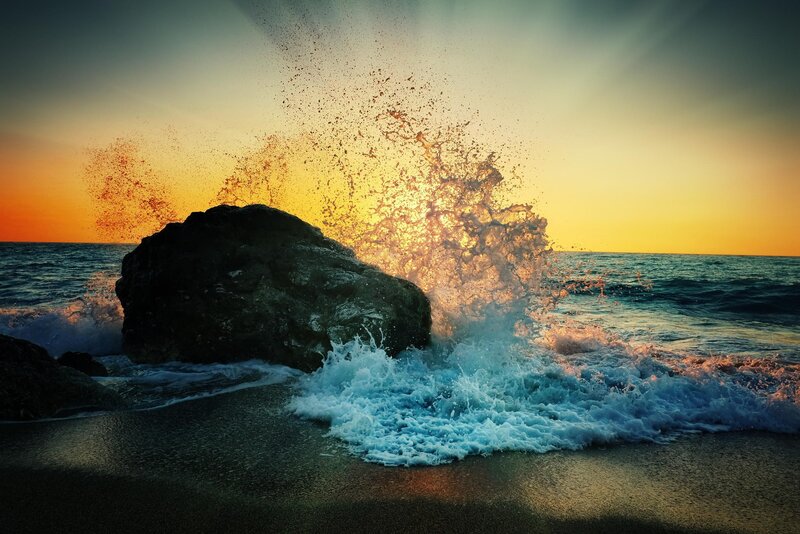 Wave Crashing on Rock — Orange, Dramatic, Sunset, Photograph