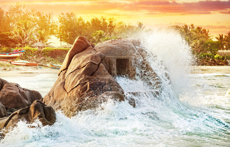 Wave Crashing on Rock — Orange, Dramatic, Sunset
