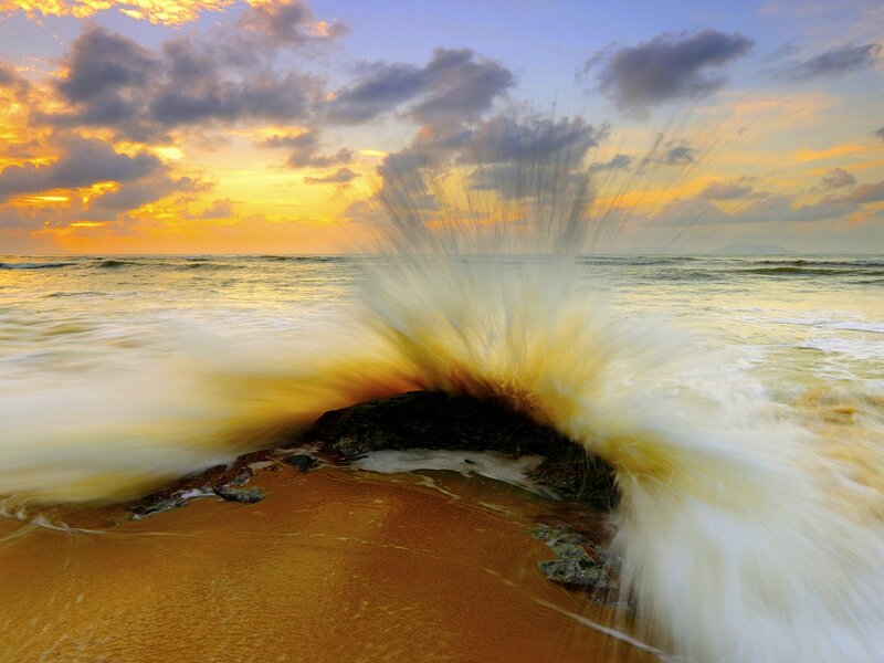 Wave Crashing on Rock — Yellow, Dramatic