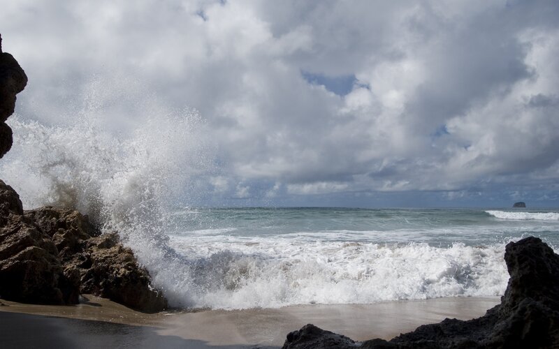 Wave Crashing on Rocks — Blue, Dramatic, Afternoon, Photograph, Ocean, Clouds