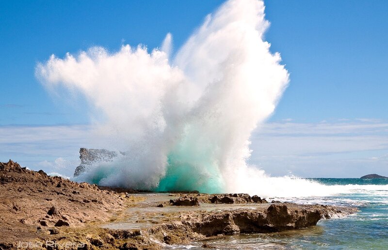 Wave Crashing on Rocks — Blue, Dramatic, Afternoon, Photograph, Ocean, Sky