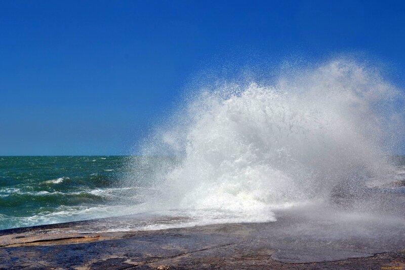 Wave Crashing on Rocks — Blue, Dramatic, Afternoon, Photograph, Ocean, Sky, White, Green