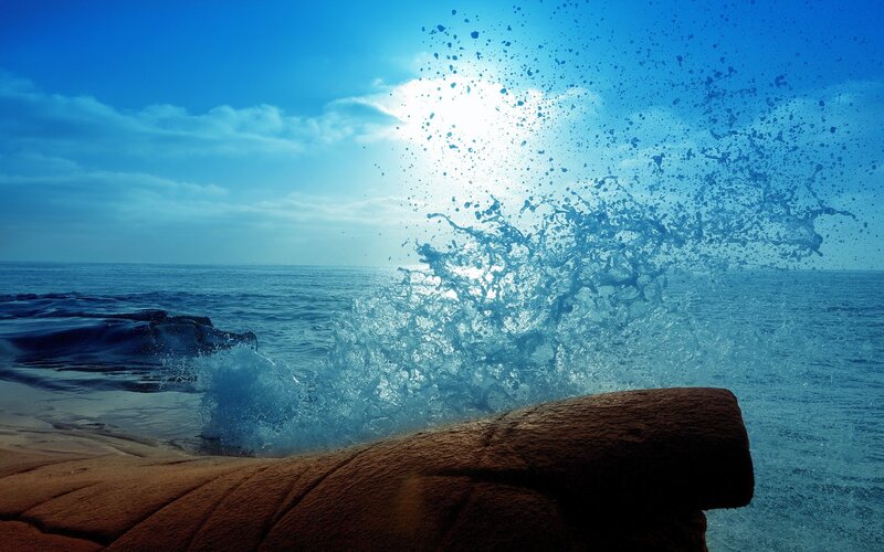 Wave Crashing on Rocks — Blue, Dramatic, Afternoon, Photograph, Ocean, Sun