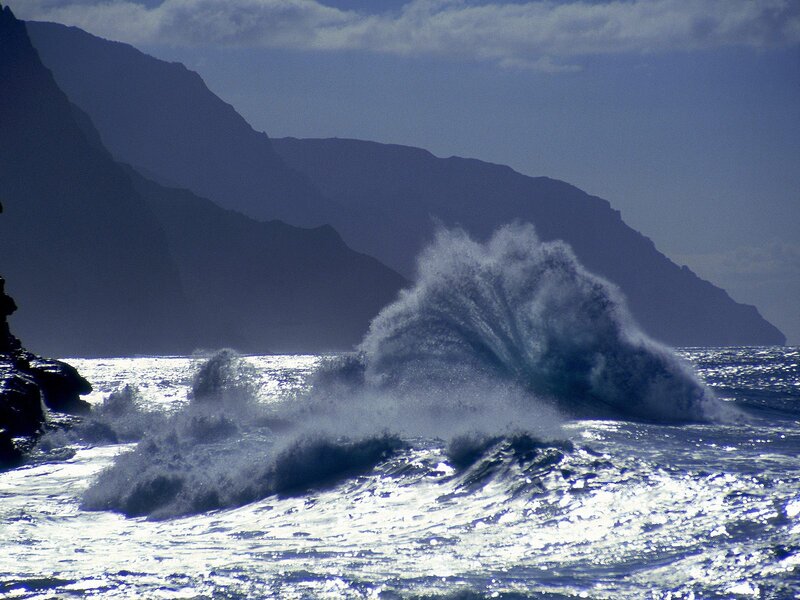 Wave Crashing on Rocks — Blue, Dramatic, Afternoon, Photograph, Ocean
