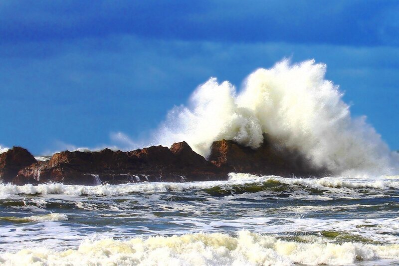 Wave Crashing on Rocks — Blue, Dramatic, Afternoon, Photograph