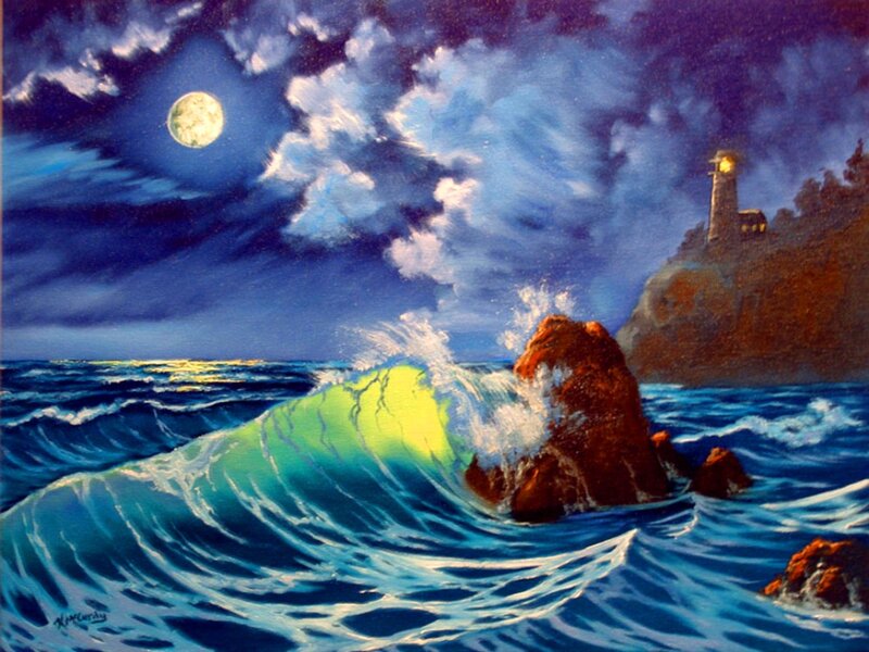 Wave Crashing on Rocks — Blue, Dramatic, Night, Painting