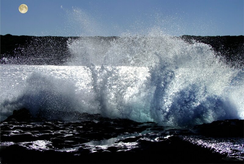 Wave Crashing on Rocks — Blue, Dramatic, Night