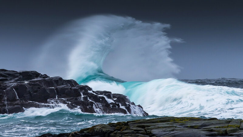 Wave Crashing on Rocks — Blue, Dramatic, Photograph, Ocean