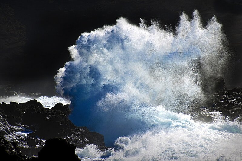 Wave Crashing on Rocks — Blue, Dramatic, Photograph