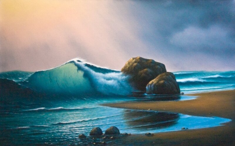 Wave Crashing on Rocks — Blue, Dramatic, Sunset, Painting