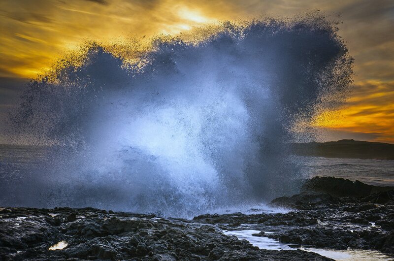 Wave Crashing on Rocks — Blue, Dramatic, Sunset, Photograph, Ocean, Sky
