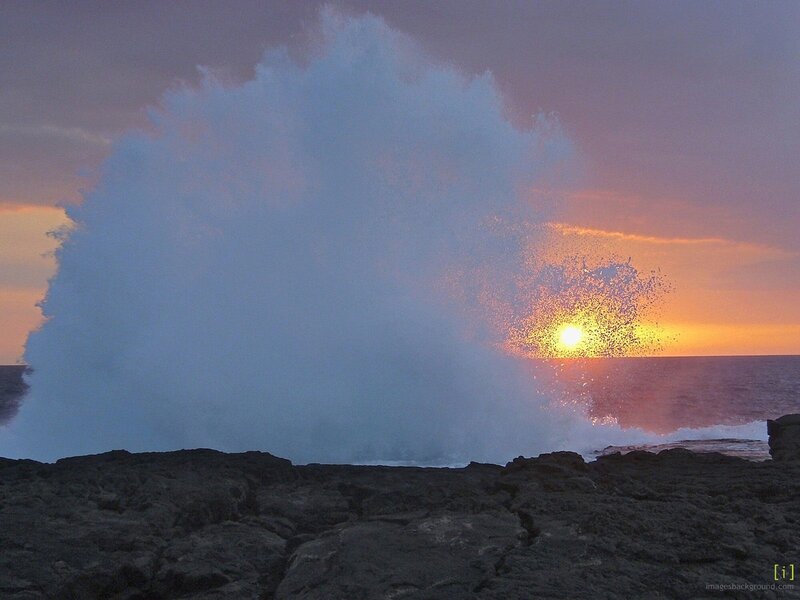 Wave Crashing on Rocks — Blue, Dramatic, Sunset, Photograph, Sun