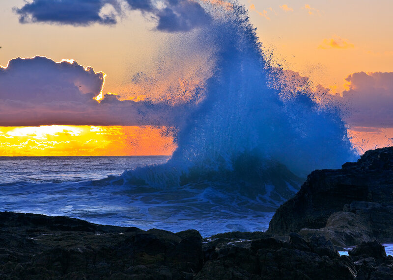 Wave Crashing on Rocks — Blue, Dramatic, Sunset, Photograph