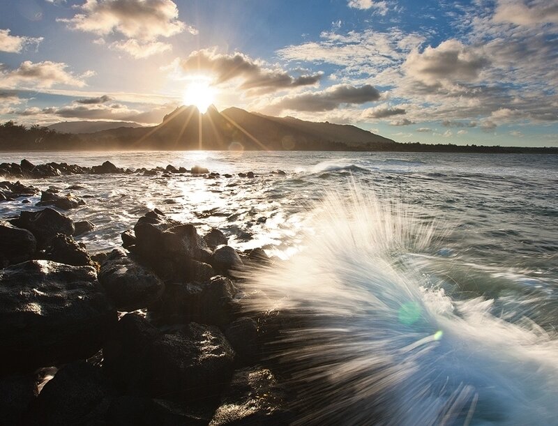 Wave Crashing on Rocks — Blue, Dramatic, Sunset