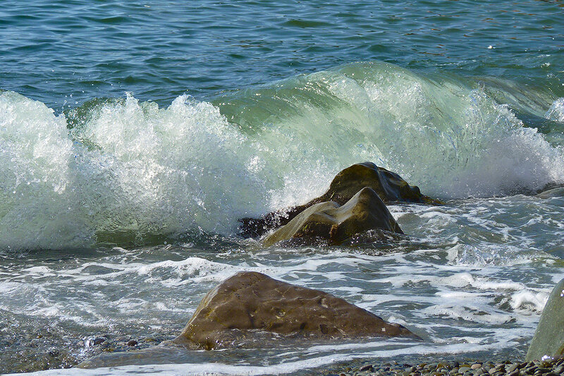Wave Crashing on Rocks — Blue, Dynamic, Afternoon