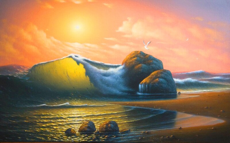 Wave Crashing on Rocks — Orange, Dramatic