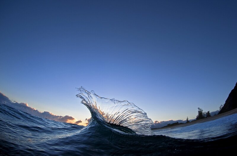Wave Cresting at Sunset — Blue, Dramatic
