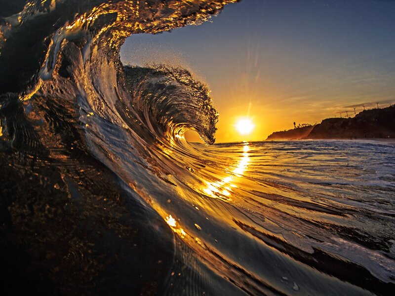 Wave Curling at Sunset — Gold, Dramatic