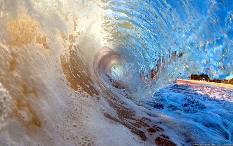 Wave Tunnel at Beach — Blue, Dramatic, Afternoon, Photograph