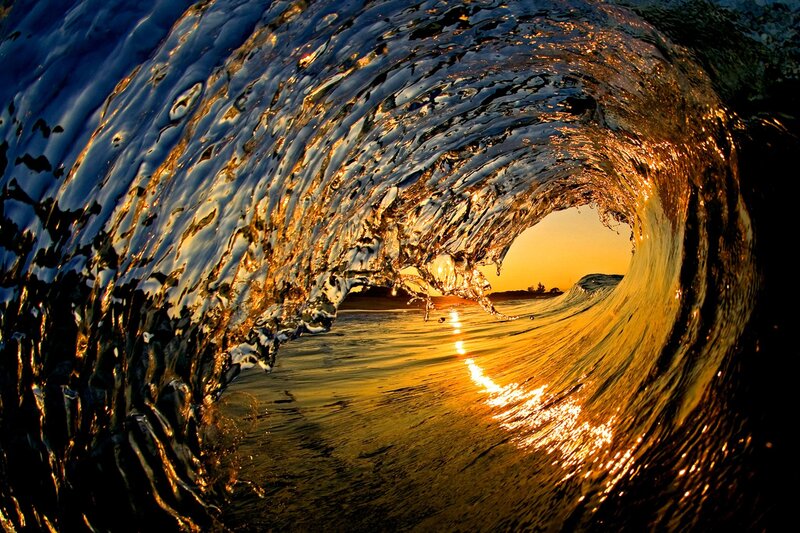 Wave Tunnel at Sunset — Blue, Dramatic, Photograph, Ocean, Sky, Beach