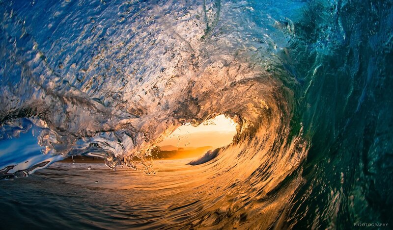Wave Tunnel at Sunset — Blue, Dramatic, Photograph, Ocean, Sky